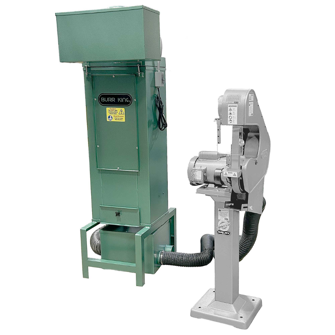 Burr King Dust Collector Systems 11100 front view featuring the industrial dust collection unit connected to a Burr King belt grinder, showcasing the high-capacity dust extraction system for metalworking applications.