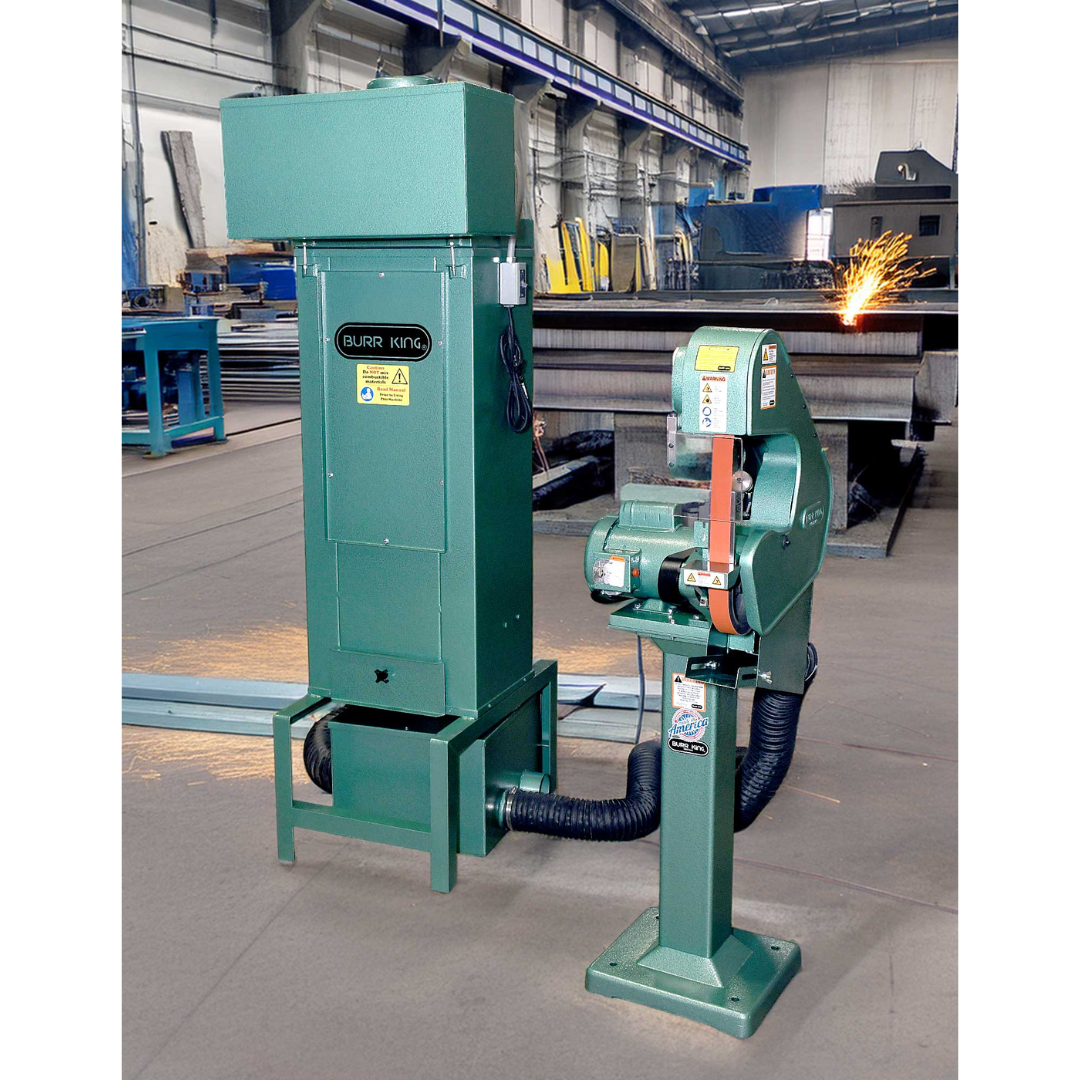 Burr King Dust Collector Systems 11100 installed in an industrial workshop, illustrating the dust collection system paired with Burr King grinding equipment for efficient airborne dust control.
