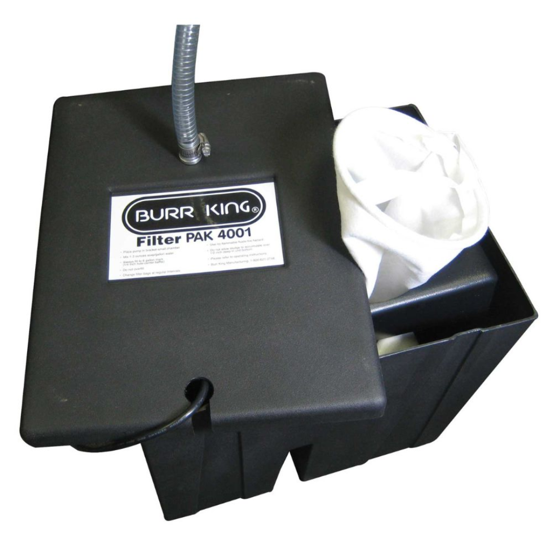 Burr King FilterPak 4001 industrial filtration system designed for Burr King Vibra KING vibratory finishing machines, featuring a durable filter housing and reusable filter bag for filtering and recirculating finishing compounds.