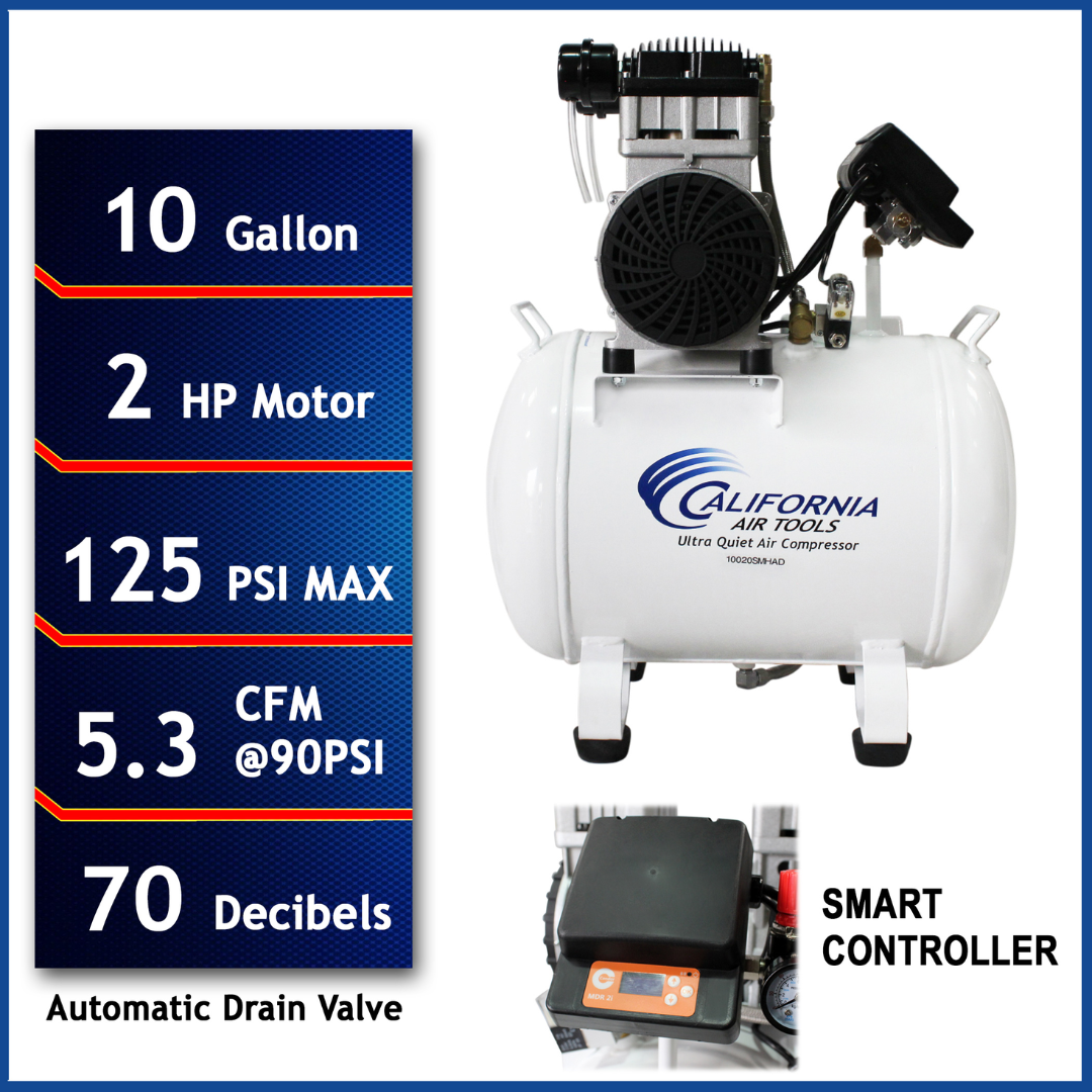 California Air Tools 10020SMHAD 2.0 Hp SMART Ultra Quiet Oil-Free 10 Gallon Air Compressor front view with performance specifications