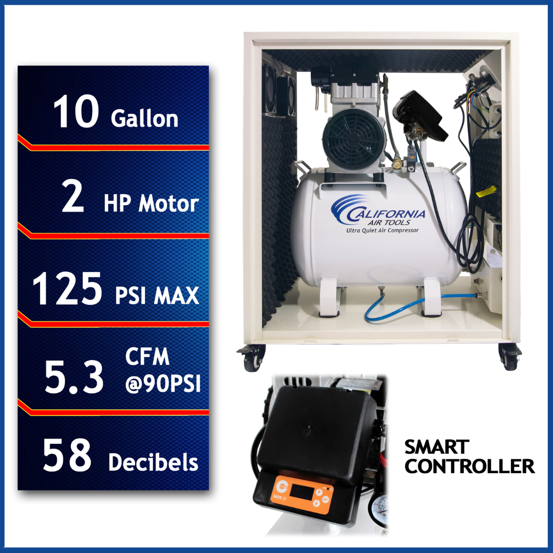 California Air Tools 10020SMSPC 2.0 Hp SMART Ultra Quiet Oil-Free 10 Gallon Air Compressor in soundproof cabinet front view with specifications