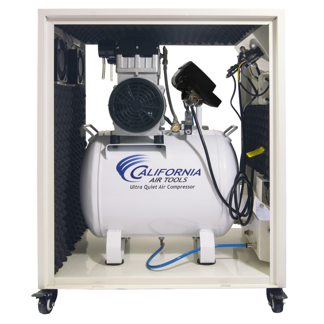 California Air Tools 10020SMSPC Ultra Quiet Air Compressor cabinet interior with tank and motor assembly