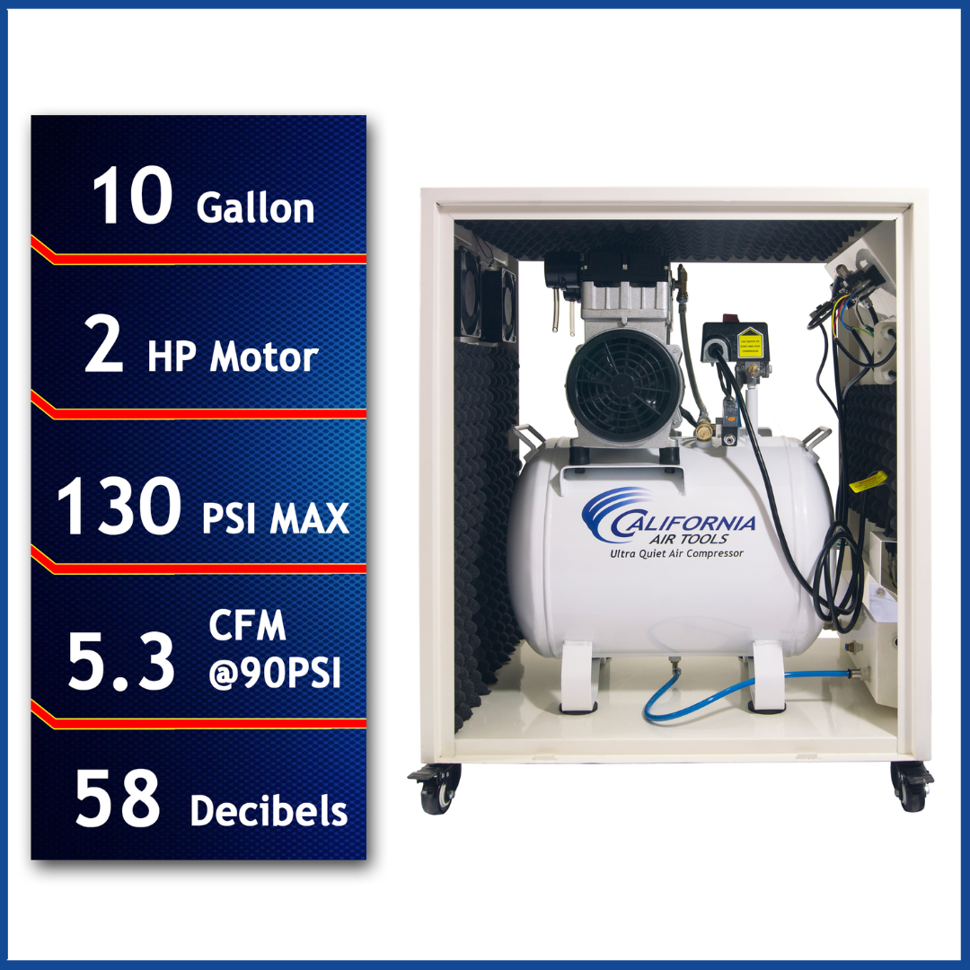 California Air Tools 10020SPCAD Ultra Quiet 2.0 Hp Oil-Free 10 Gallon Air Compressor in soundproof cabinet with automatic drain valve and performance specs showing 130 PSI and 58 decibels
