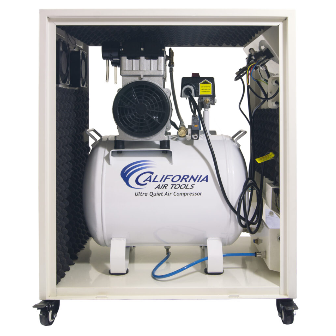 California Air Tools 10020SPC Ultra Quiet 2.0 Hp Oil-Free 10 Gallon Air Compressor side view with access panel open showing internal layout and airflow system