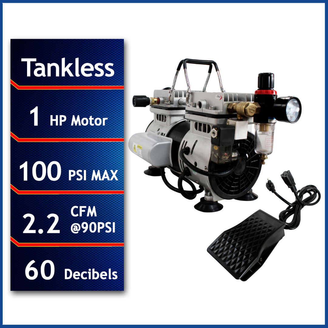 California Air Tools 10TL Ultra Quiet 1.0 Hp Oil-Free Lightweight Tankless Air Compressor with 100 PSI and 60 decibel performance specs displayed