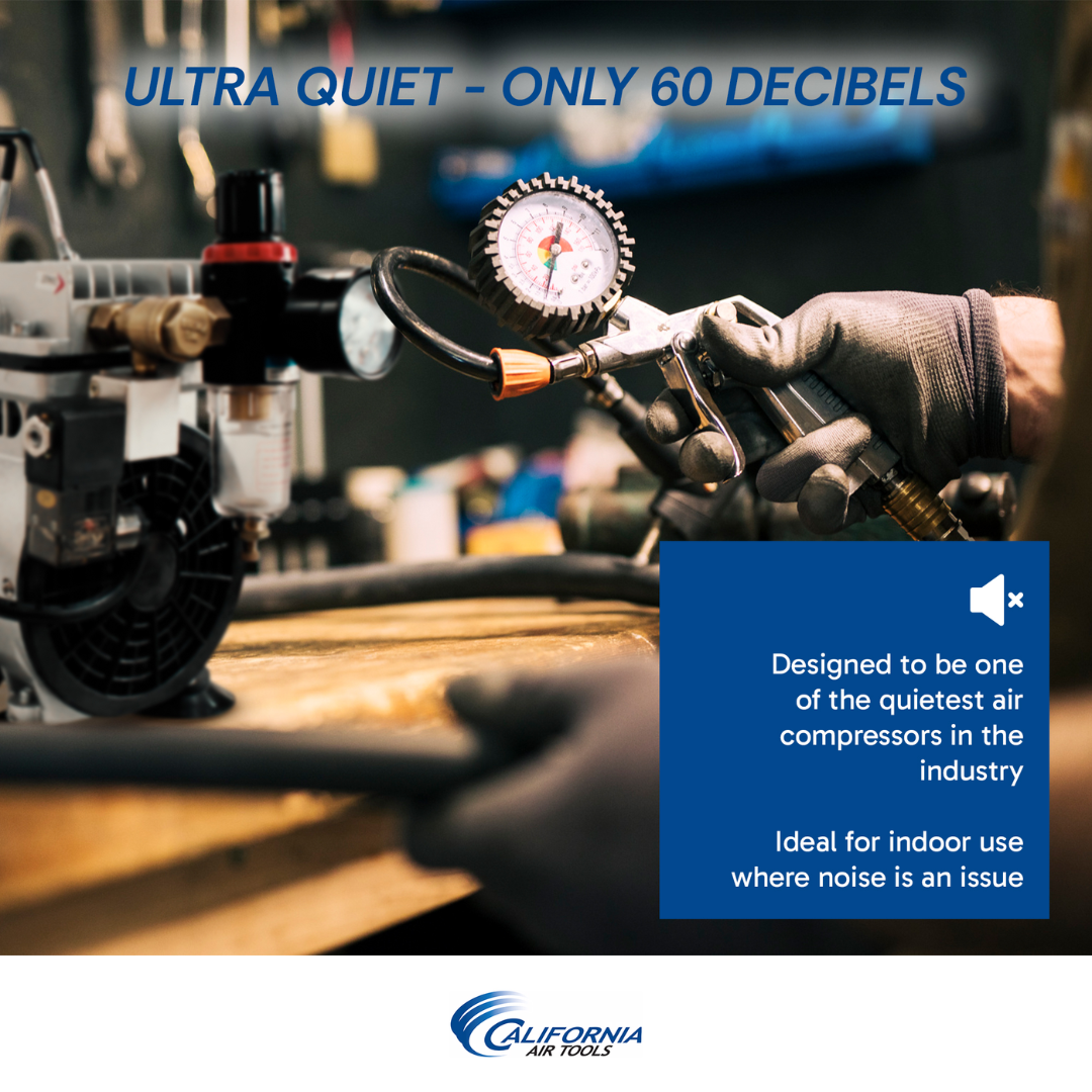 California Air Tools 10TL Ultra Quiet 1.0 Hp Oil-Free Tankless Air Compressor in use with air hose connected for light duty applications