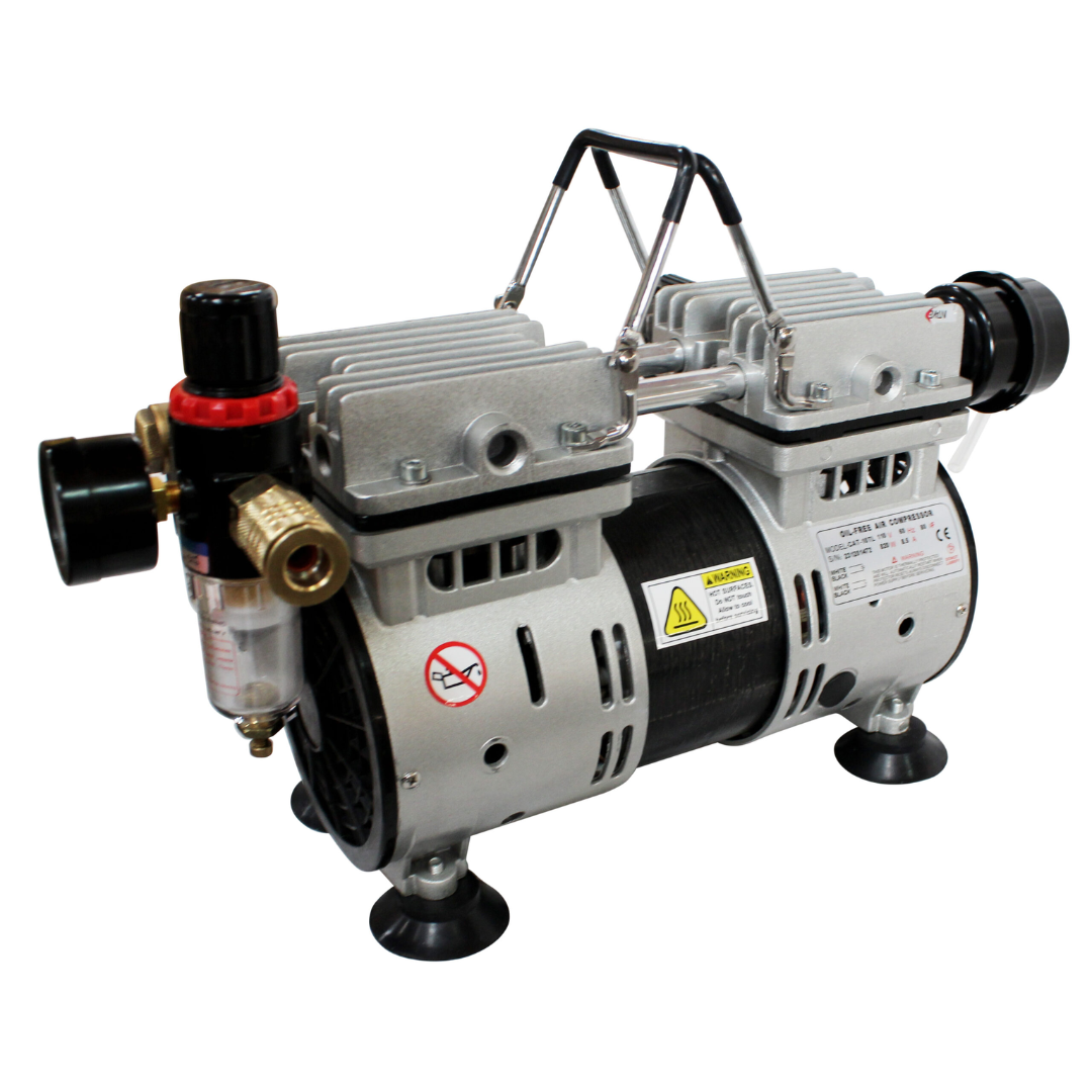California Air Tools 10TL Ultra Quiet 1.0 Hp Oil-Free Tankless Air Compressor multiple angle views showing portability and design.