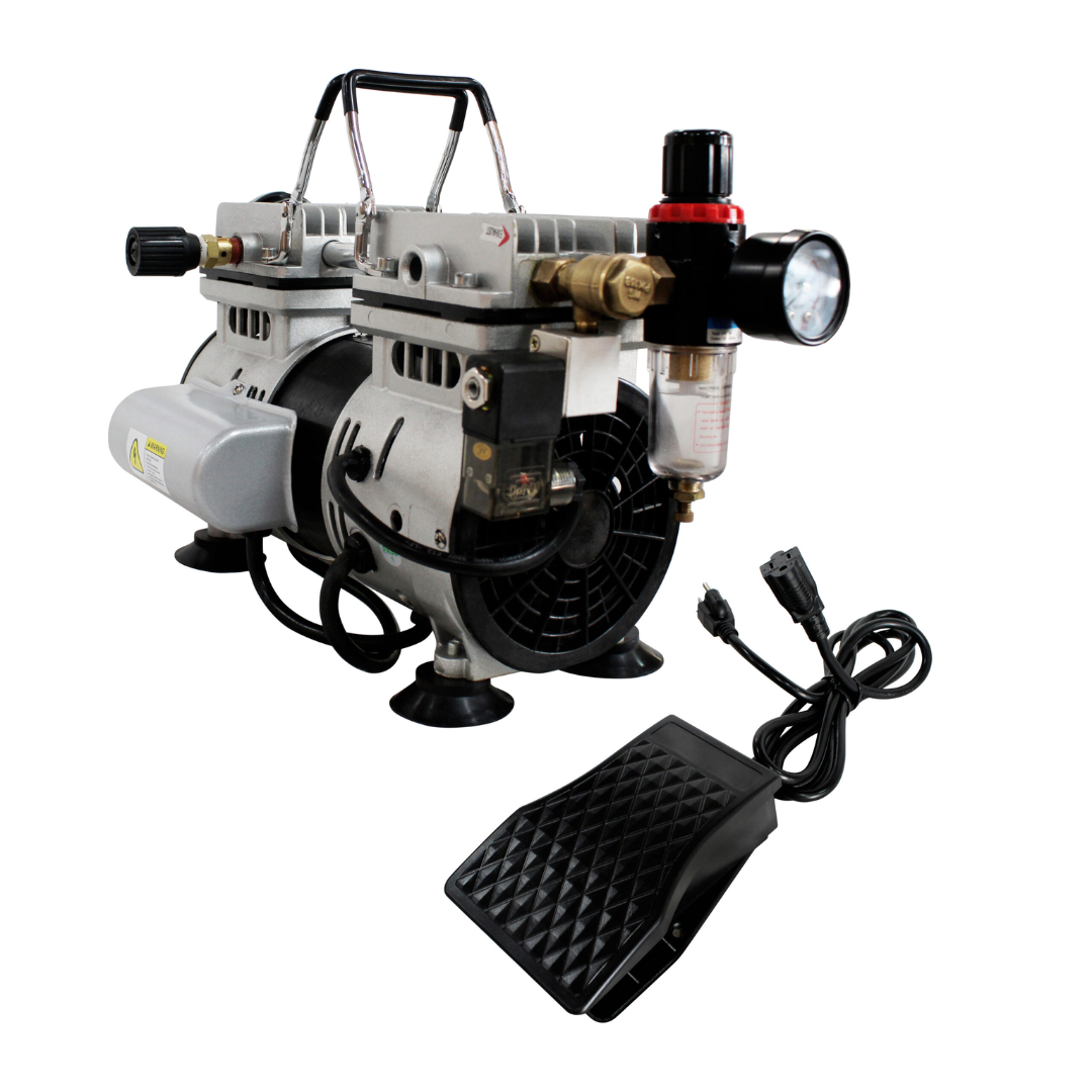 California Air Tools 10TL Ultra Quiet 1.0 Hp Tankless Air Compressor with foot pedal accessory and compact portable setup