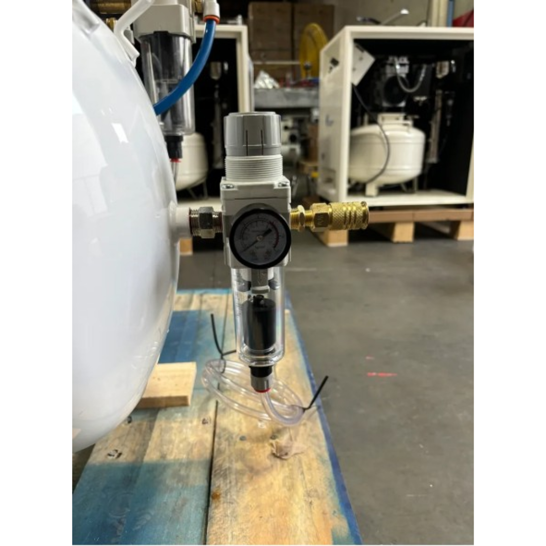 California Air Tools 120 PSI Output Pressure Regulator Assembly with Gauge 90998-1-Kit installed on air system showing inline connection