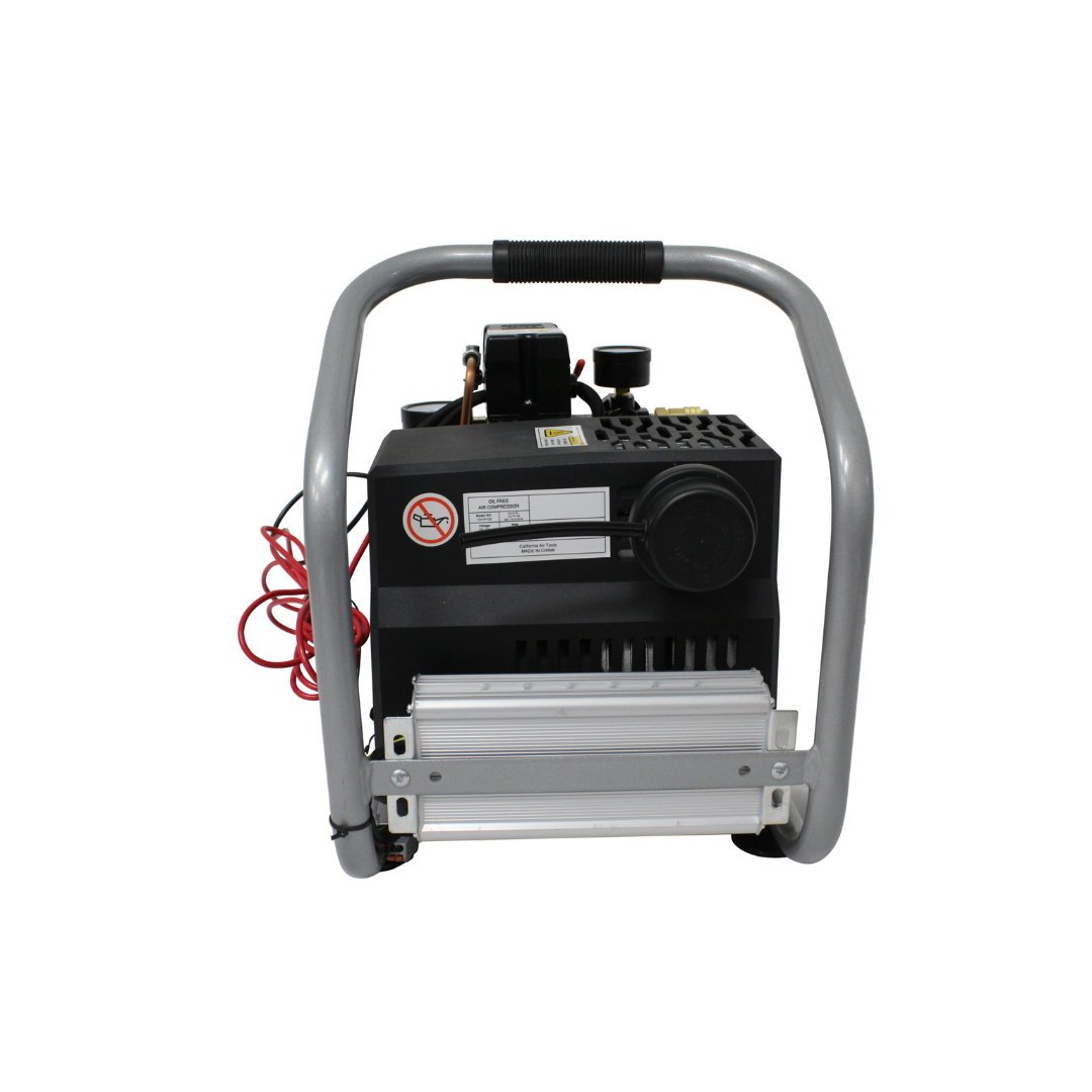 California Air Tools 12 Volt Light & Quiet 12V1P10S Portable Air Compressor front angled view with carry handle and tank