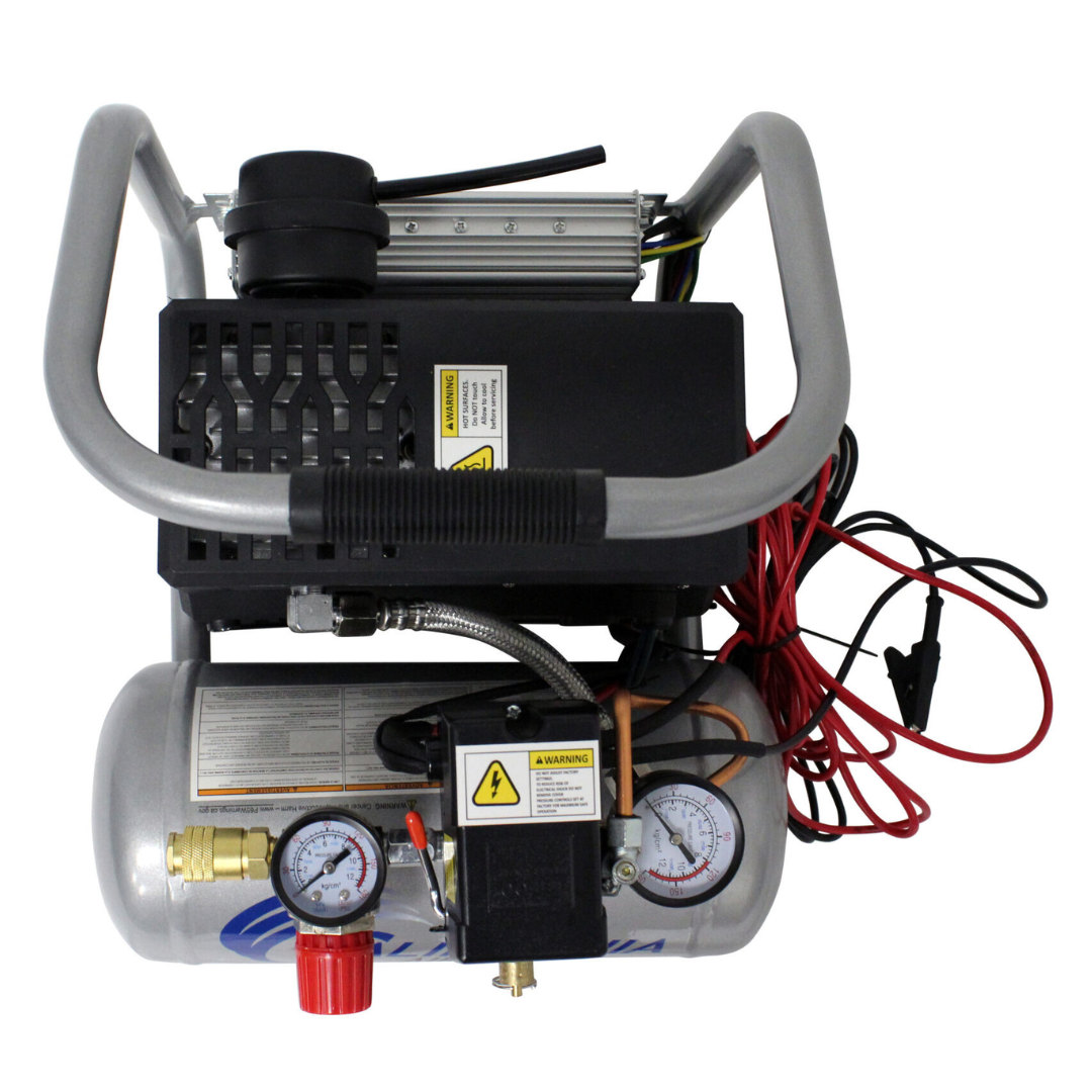 California Air Tools 12 Volt Light & Quiet 12V1P10S Portable Air Compressor top view showing controls, motor, and compact design