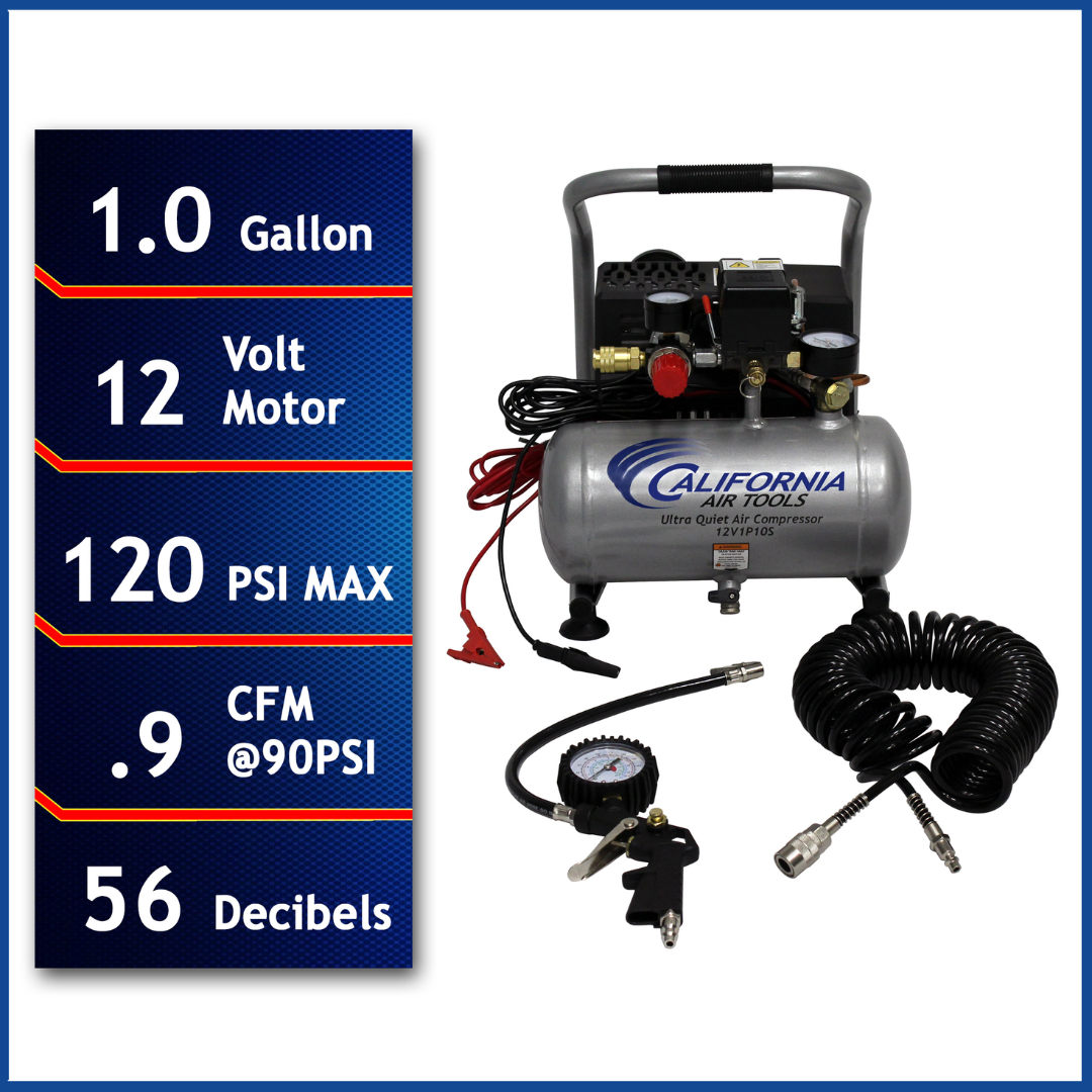 California Air Tools 12 Volt Light & Quiet 12V1P10S Portable Air Compressor with 1.0 gallon tank, 120 PSI max, and 56 decibel rating displayed