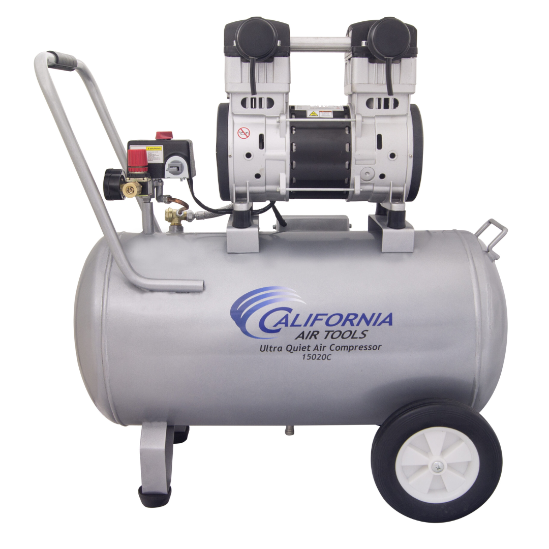 California Air Tools 15020C Ultra Quiet 2.0 Hp 15 Gallon Air Compressor in workshop setup with hose and accessories
