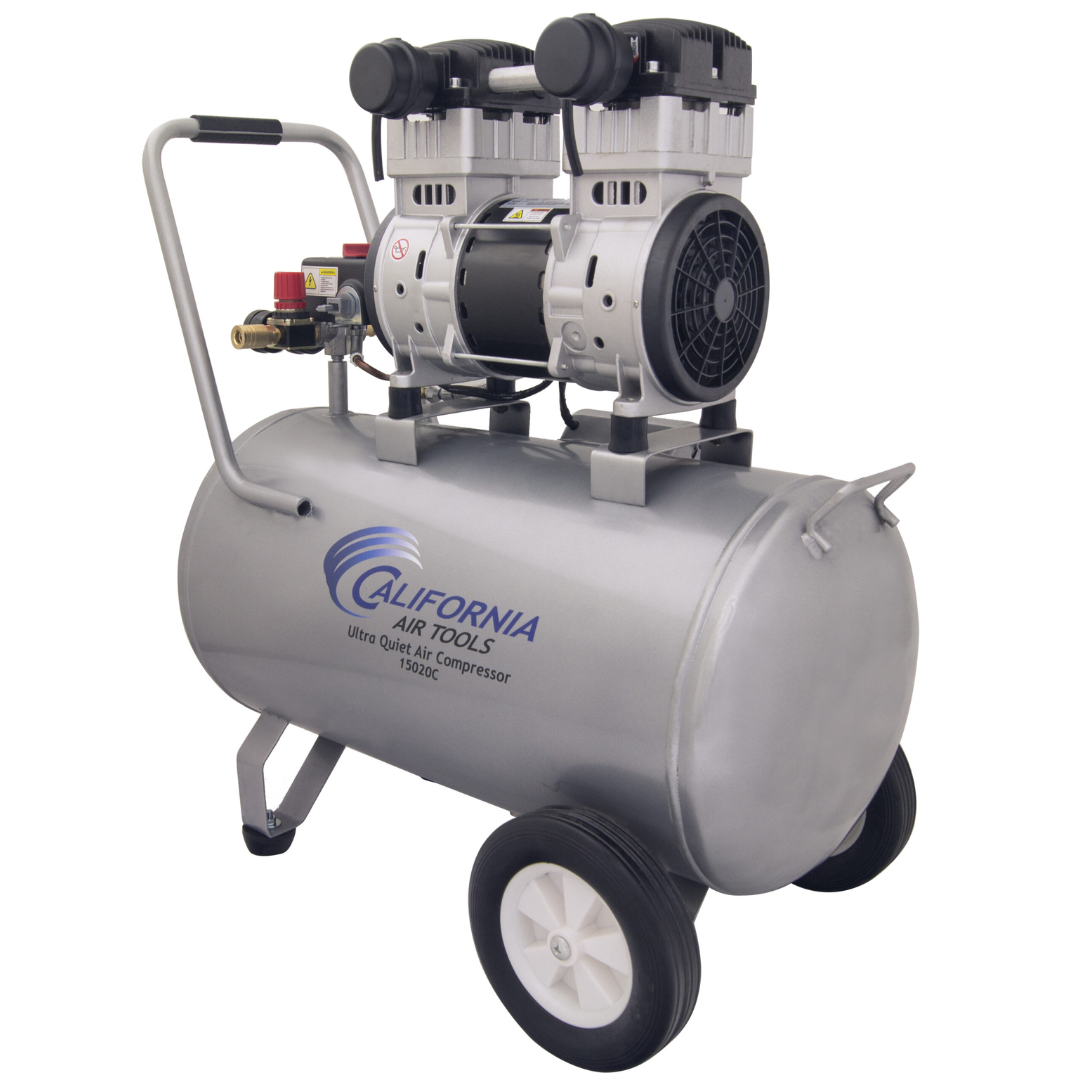 California Air Tools 15020C Ultra Quiet 2.0 Hp 15 Gallon Air Compressor side view with dual piston motor and steel tank.