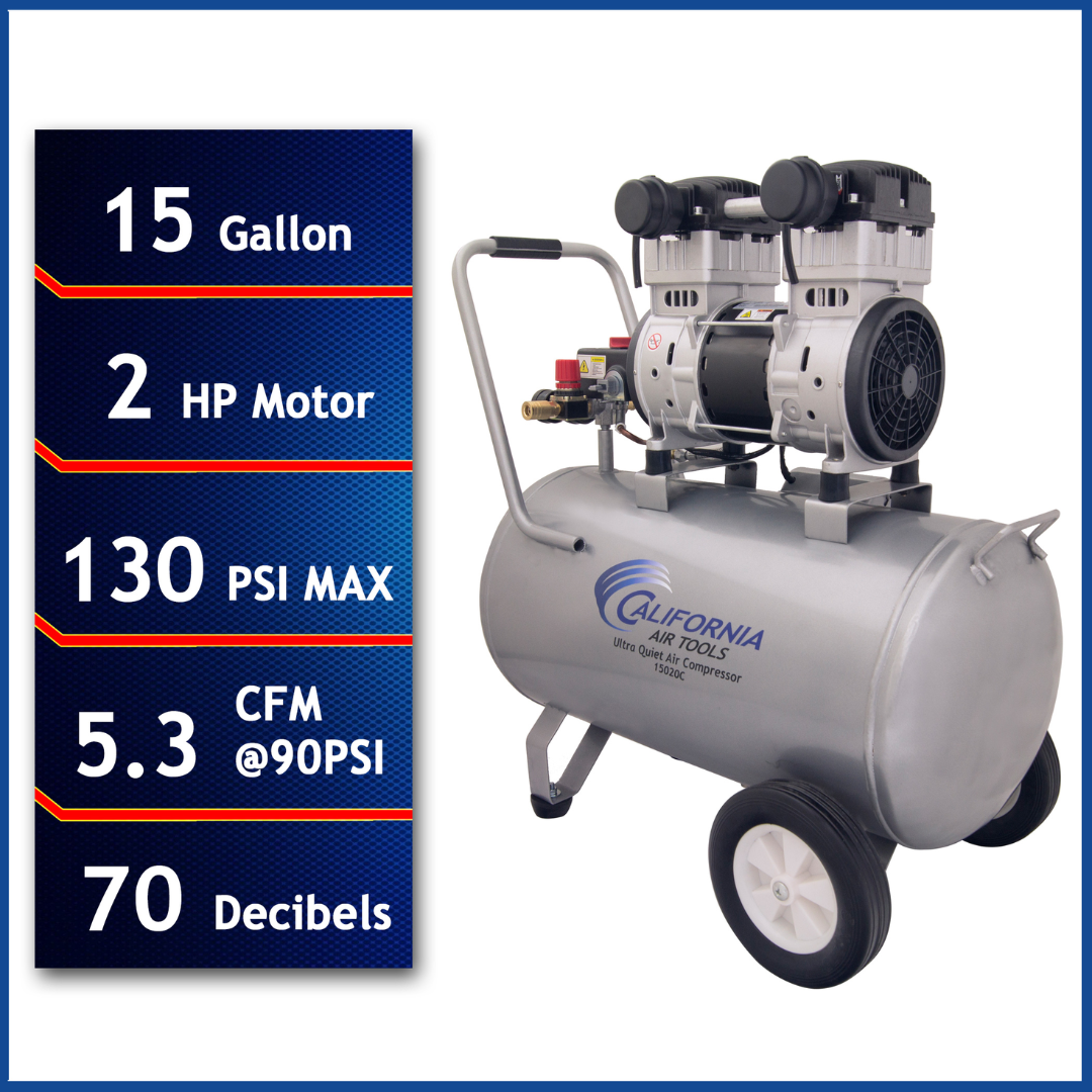 California Air Tools 15020C Ultra Quiet 2.0 Hp 15 Gallon Oil-Free Air Compressor with 130 PSI and 70 decibel performance specs displayed