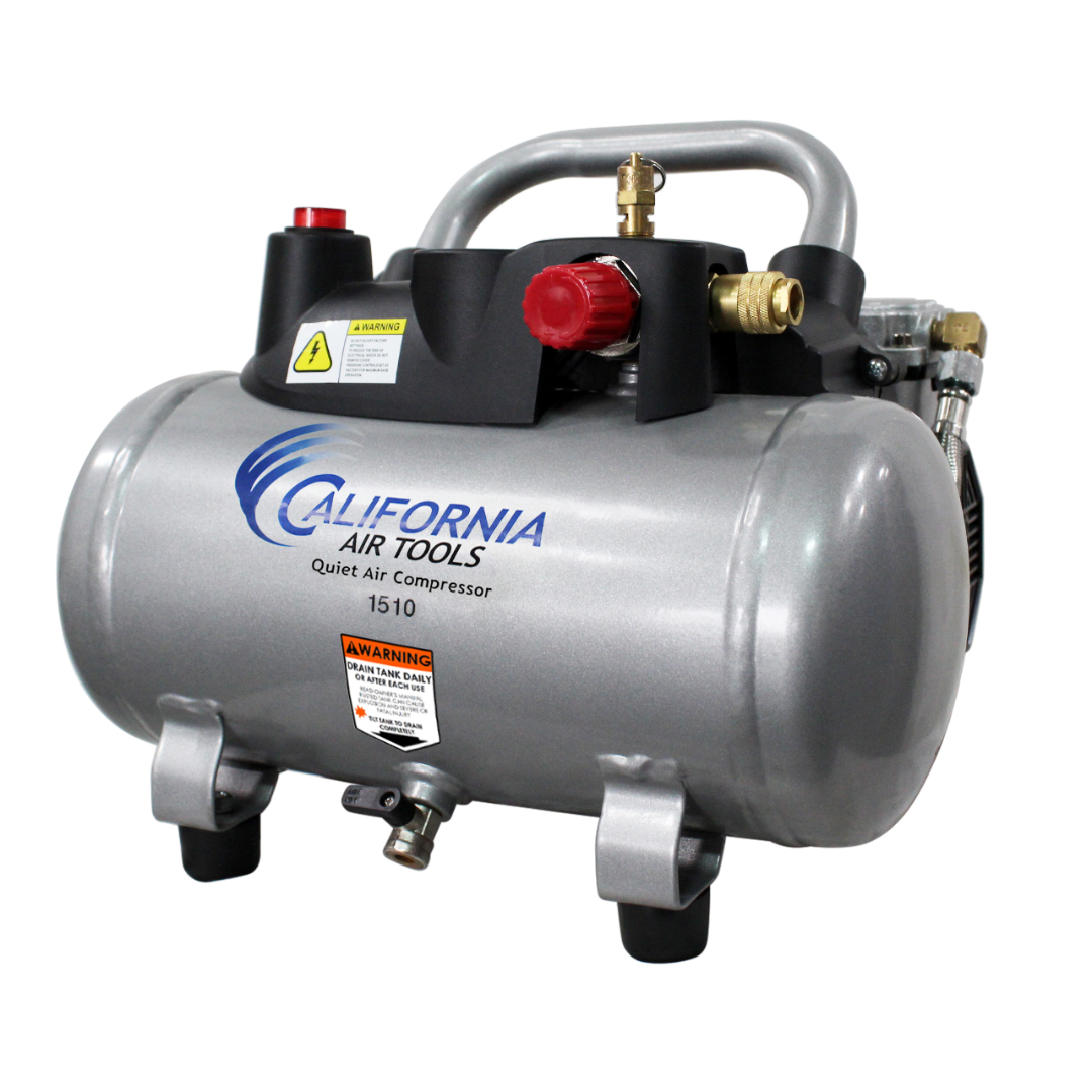 California Air Tools 1510 Quiet Air Compressor side view with control panel and pressure regulator visible