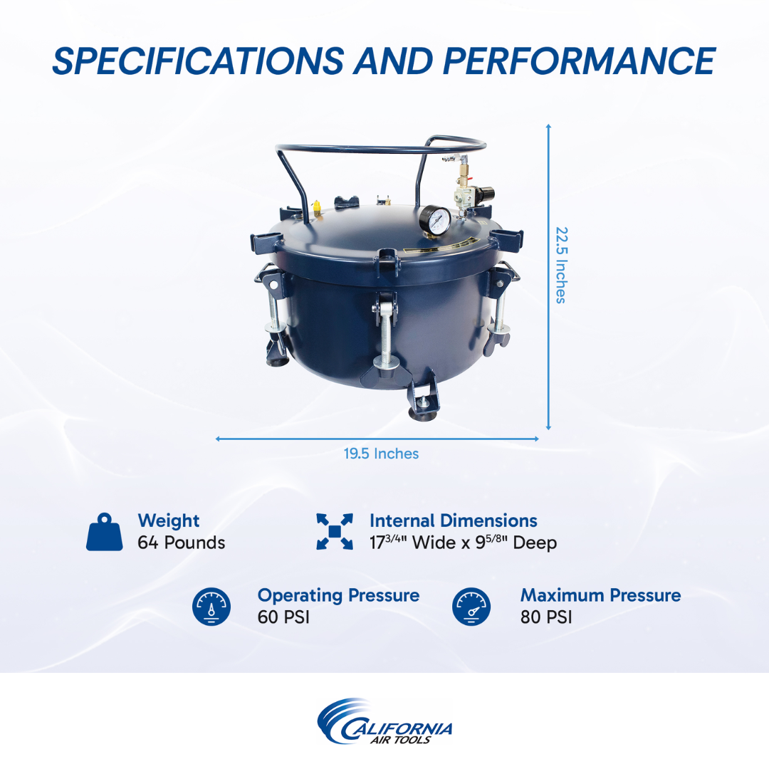 California Air Tools 1810C 10 Gallon Pressure Pot for Resin or Epoxy Casting displaying specifications and performance overview