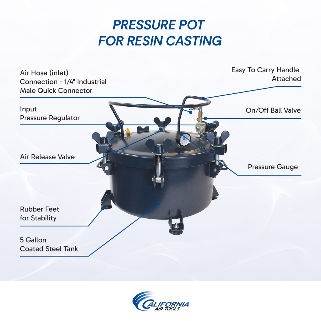 California Air Tools 1810C 10 Gallon Pressure Pot for Resin or Epoxy Casting highlighting pressure pot configuration and casting setup