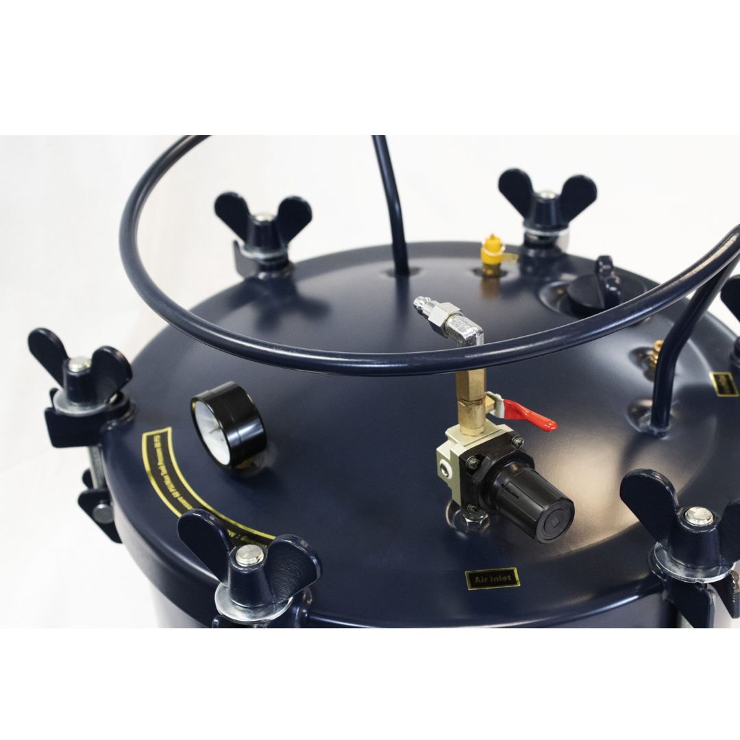 California Air Tools 1810C 10 Gallon Pressure Pot for Resin or Epoxy Casting top-down view with pressure fittings and control valves