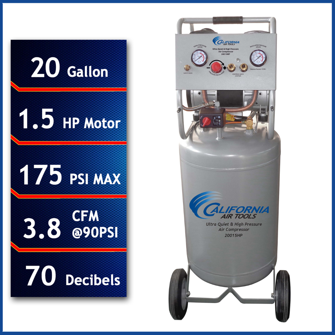 California Air Tools 20015HPAD Ultra Quiet 1.5 Hp High Pressure 20 Gallon Air Compressor with auto drain and 175 PSI rating displayed