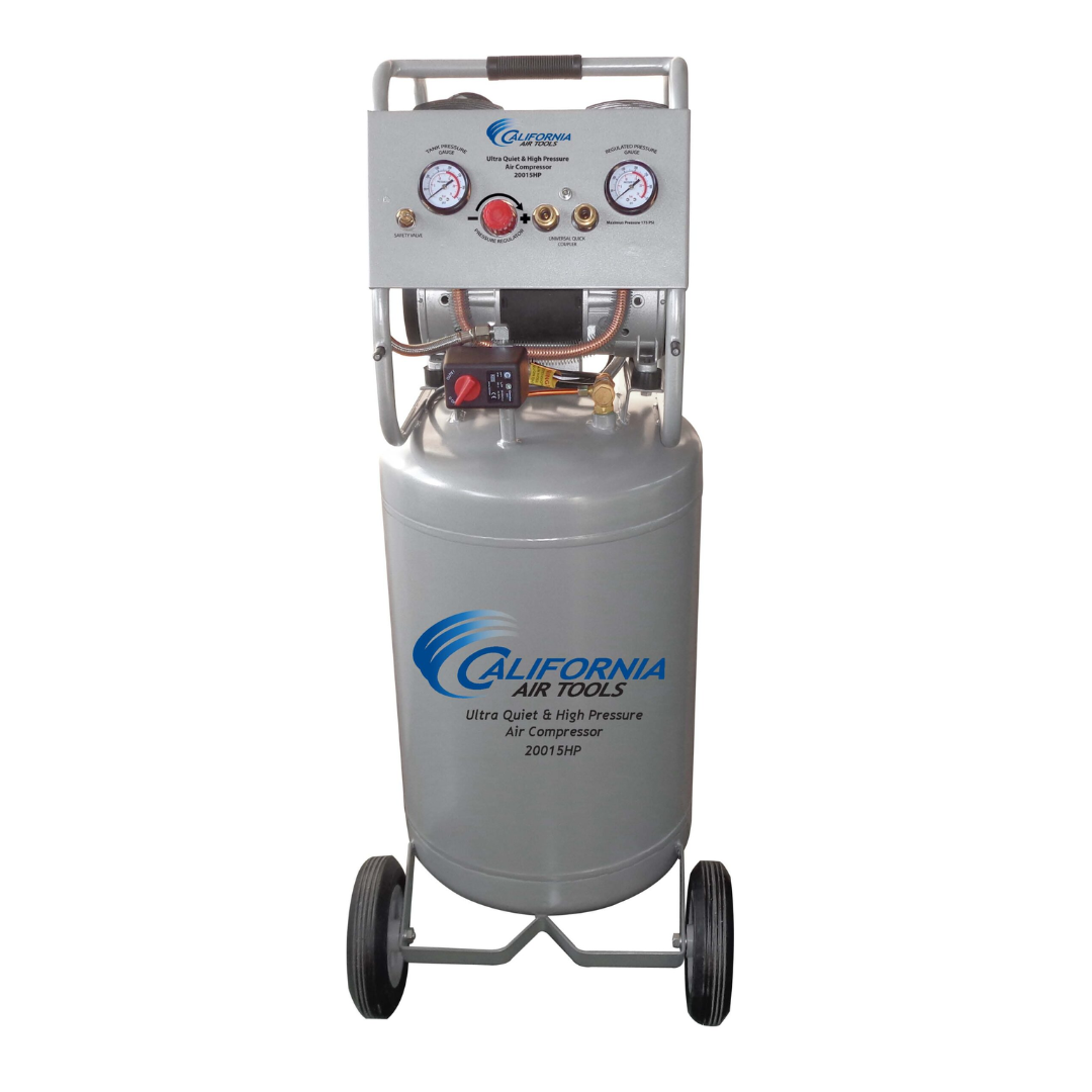 California Air Tools 20015HPAD Ultra Quiet 1.5 Hp High Pressure Air Compressor front view with vertical tank and control panel