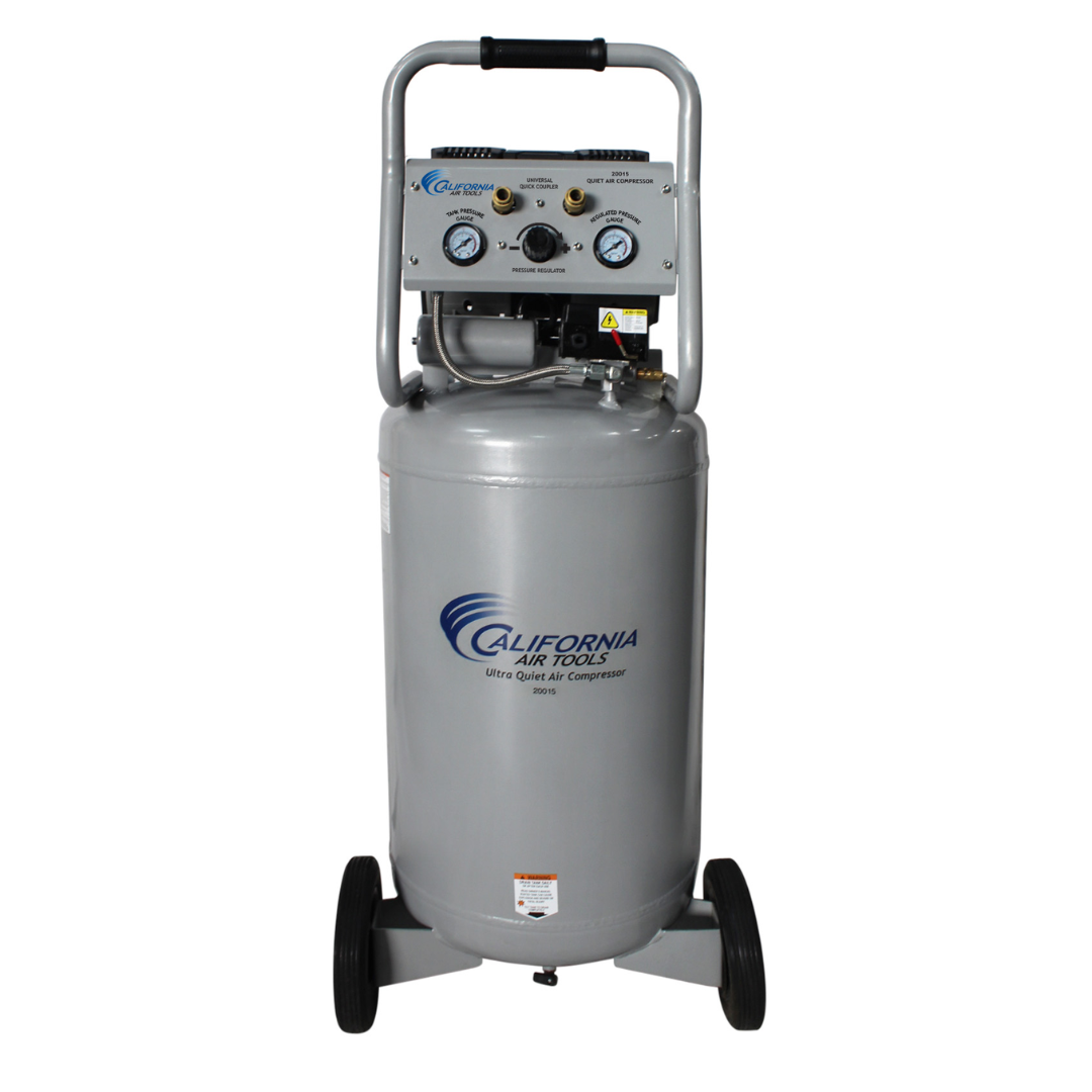 California Air Tools 20015 Ultra Quiet 1.5 Hp 20 Gallon Air Compressor vertical tank front view with control panel