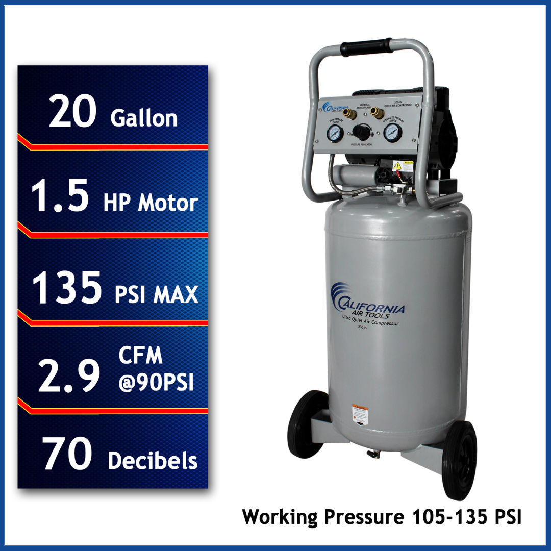 California Air Tools 20015 Ultra Quiet 1.5 Hp 20 Gallon Oil-Free Air Compressor with 135 PSI and 70 decibel rating displayed