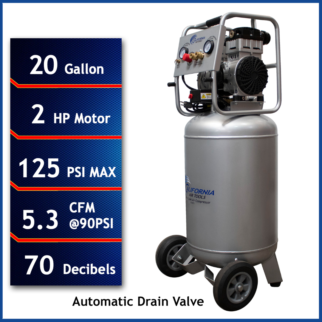 California Air Tools 20020AD Ultra Quiet 20-Gallon Air Compressor front view showing 2.0 HP motor, 125 PSI max pressure, and vertical tank design
