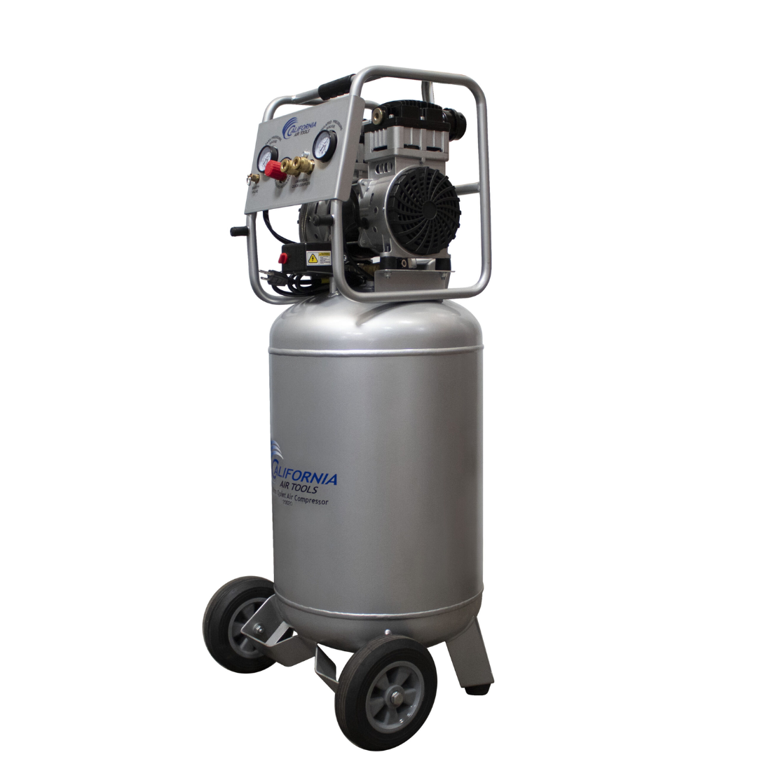 California Air Tools 20020AD Ultra Quiet 20-Gallon Air Compressor side view emphasizing durable steel tank construction