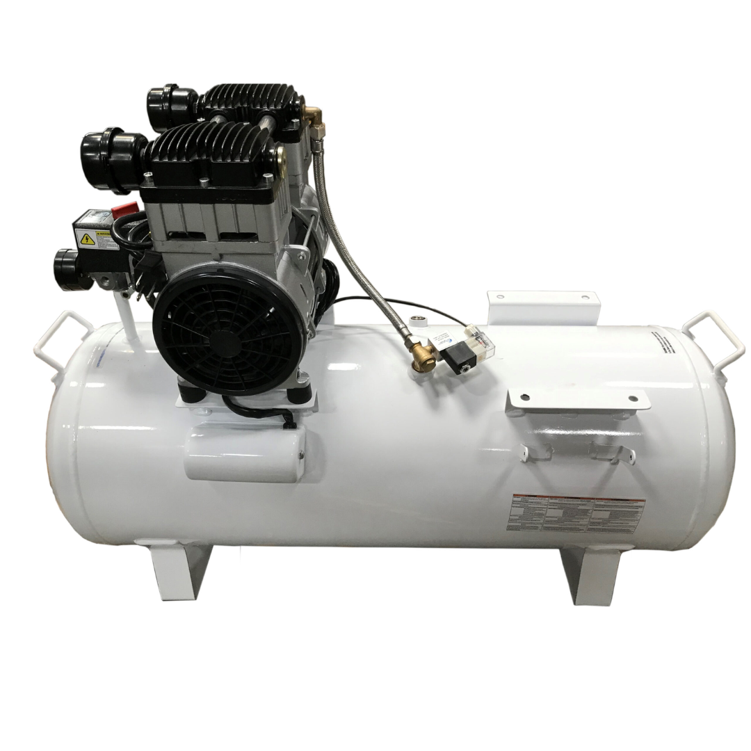 California Air Tools 20020CTR Ultra Quiet 20-Gallon Horizontal Air Compressor full side view with horizontal tank design and dual motor assembly