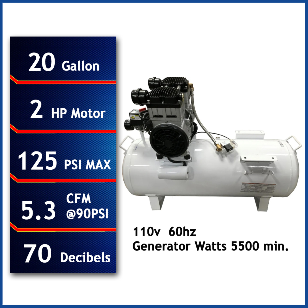 California Air Tools 20020CTR Ultra Quiet 20-Gallon Horizontal Air Compressor showing 2.0 HP motor, 125 PSI max pressure, and 70 dB rating