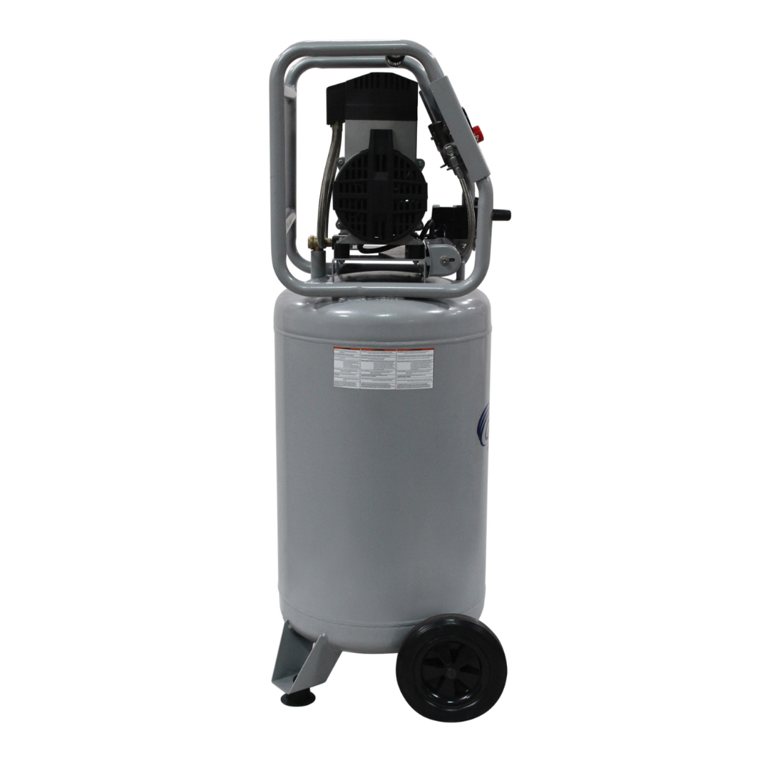 California Air Tools 20020 Ultra Quiet 2.0 Hp 20 Gallon Air Compressor angled side view showing motor and tank..