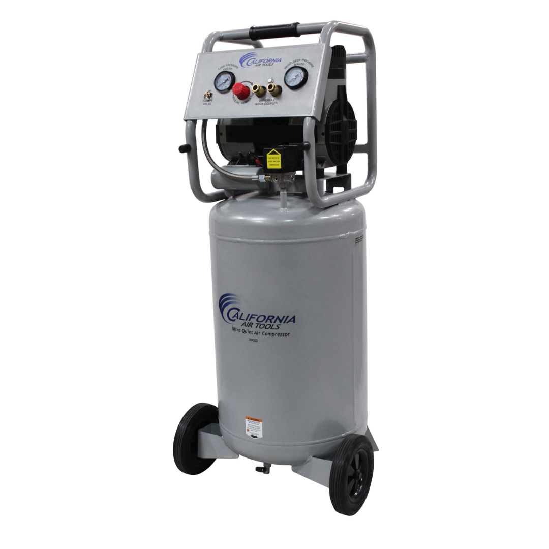 California Air Tools 20020 Ultra Quiet 2.0 Hp 20 Gallon Air Compressor angled side view showing motor and tank