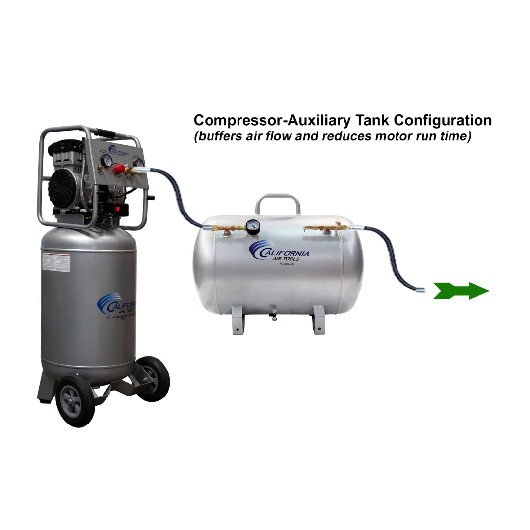 California Air Tools 20020 Ultra Quiet 2.0 Hp 20 Gallon Air Compressor dual piston pump underside view.