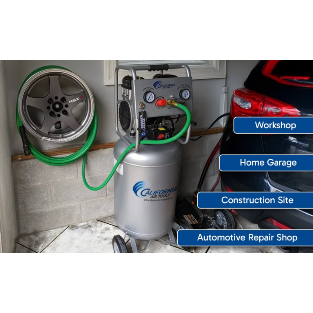 California Air Tools 20020 Ultra Quiet 2.0 Hp 20 Gallon Air Compressor in workshop installation setup