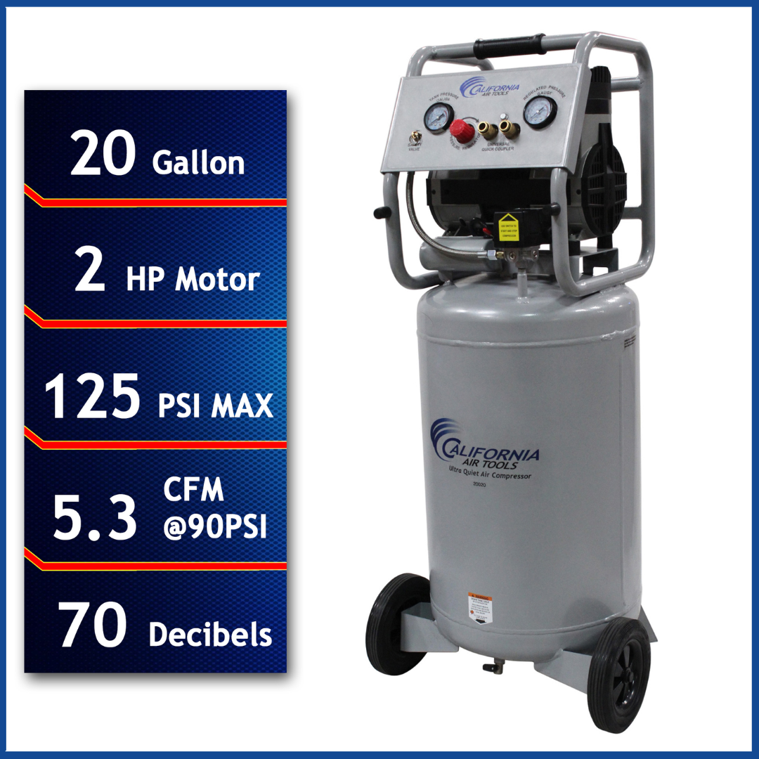 California Air Tools 20020 Ultra Quiet 2.0 Hp 20 Gallon Oil-Free Air Compressor with 125 PSI and 70 decibel rating displayed