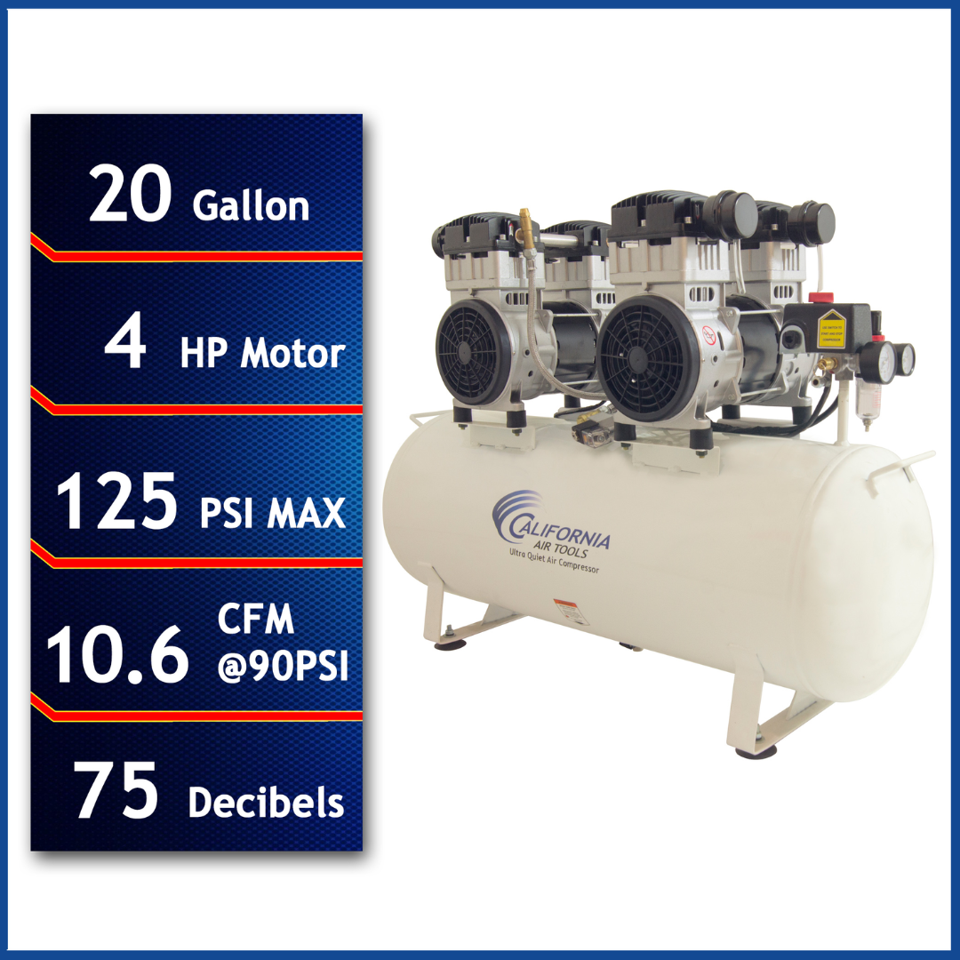 California Air Tools 20040CAD Powerful 4.0 Hp Ultra Quiet & Oil-Free 20 Gallon Air Compressor, with Automatic Drain Valve front angled view showing dual motor system and steel tank