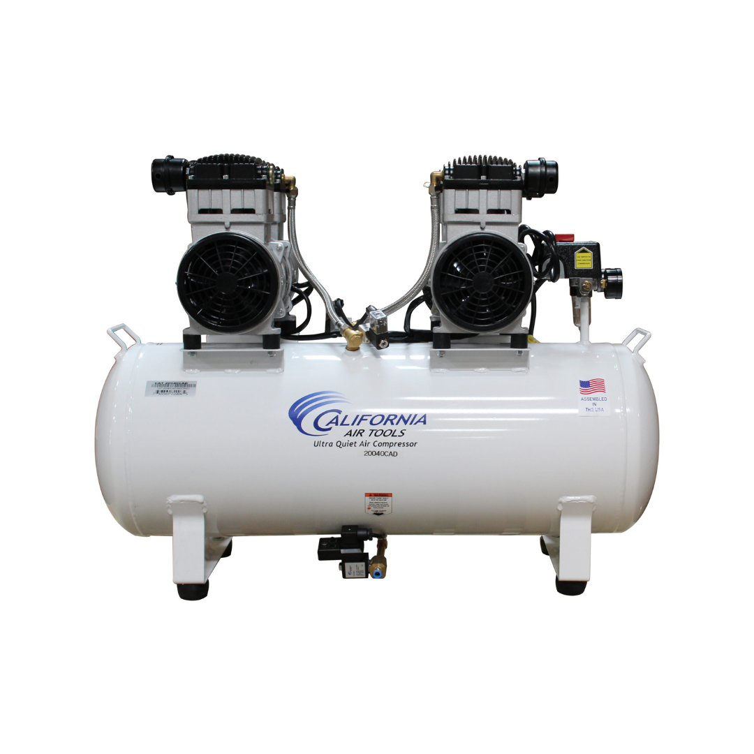 California Air Tools 20040CAD Powerful 4.0 Hp Ultra Quiet & Oil-Free 20 Gallon Air Compressor, with Automatic Drain Valve side view displaying twin pump configuration