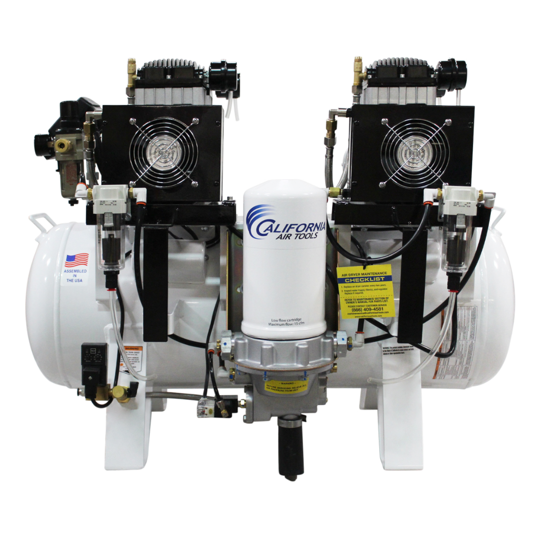 California Air Tools 20040DSMADC Powerful 4.0 Hp SMART Ultra Quiet & Oil-Free 20 Gallon Air Compressor with dual pump assembly front view.