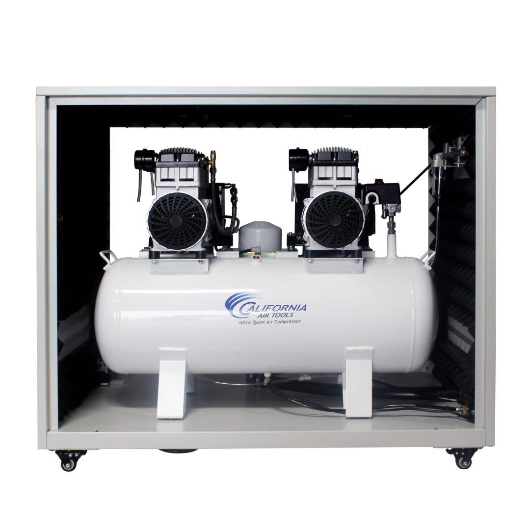 California Air Tools 20040DSPCADC Powerful 4.0 Hp Ultra Quiet & Oil-Free Air Compressor internal system view inside cabinet with dual pumps
