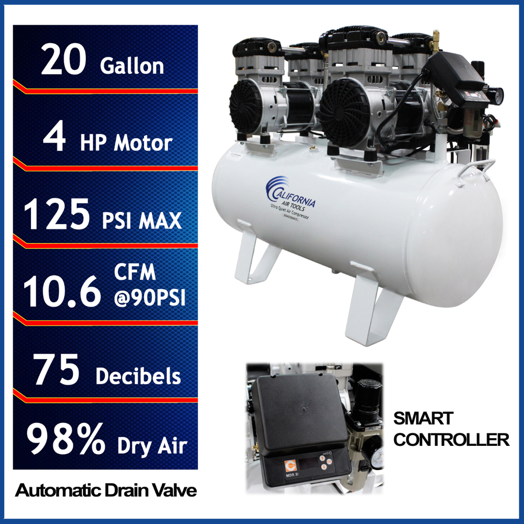 California Air Tools 20040DSPCADC Powerful 4.0 Hp Ultra Quiet & Oil-Free Air Compressor with 98% Air Drying System and Automatic Drain in a Soundproof Cabinet front view with key specifications