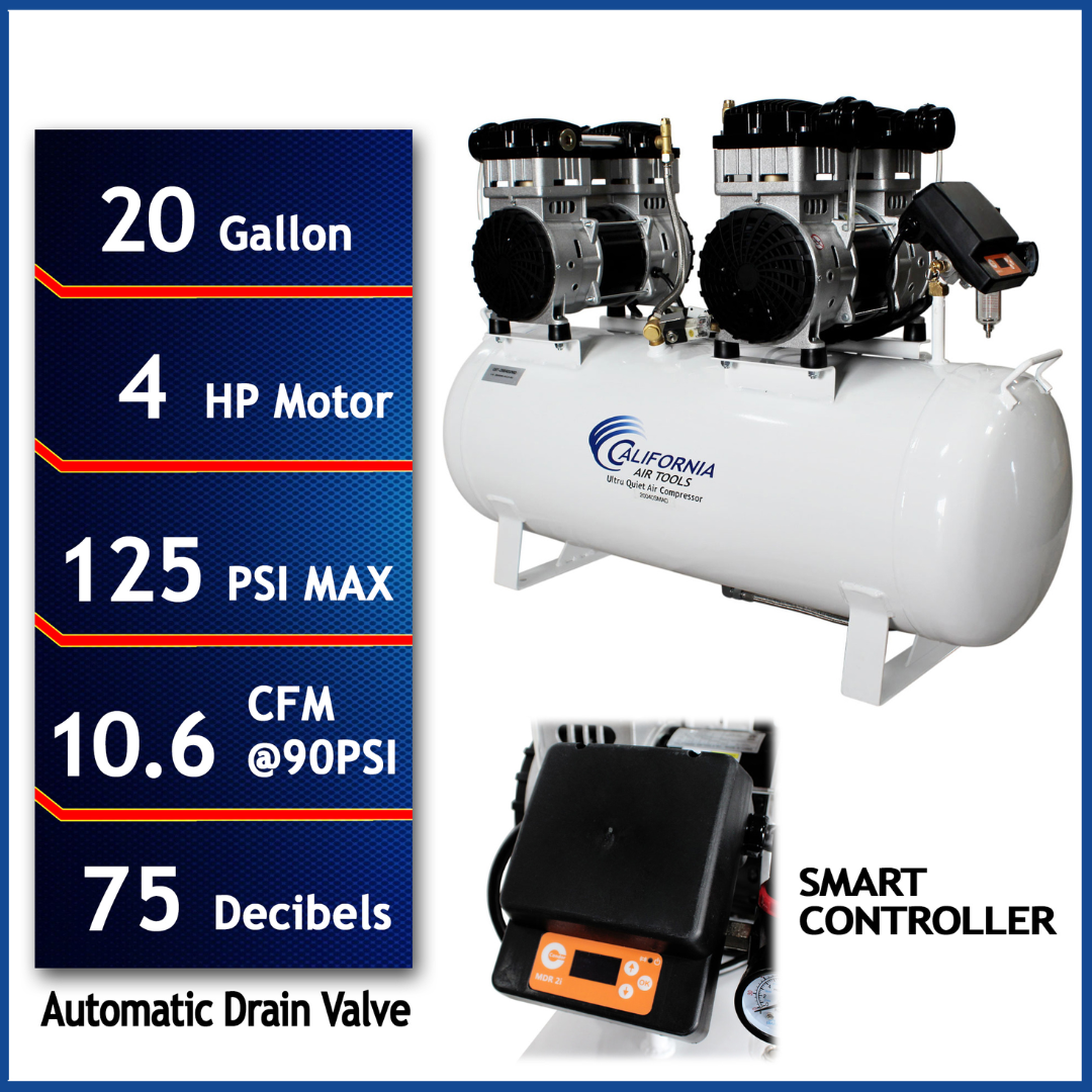 California Air Tools 20040SMAD Powerful 4.0 Hp SMART Ultra Quiet & Oil-Free 20 Gallon Air Compressor with Automatic Drain Valve front view with key specifications