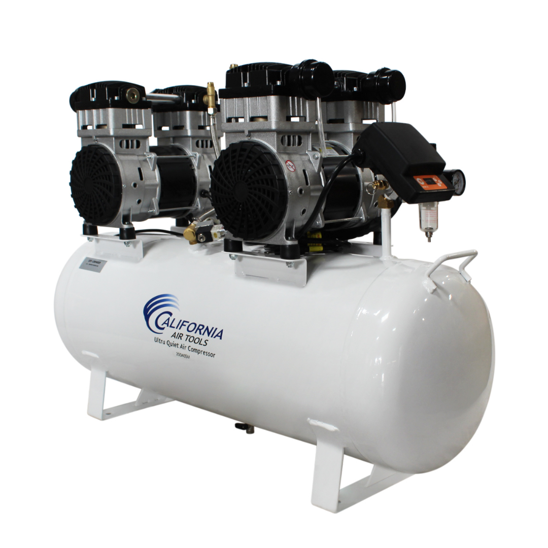 California Air Tools 20040SM Powerful 4.0 Hp SMART Ultra Quiet & Oil-Free 20 Gallon Air Compressor angled view showing tank and motors