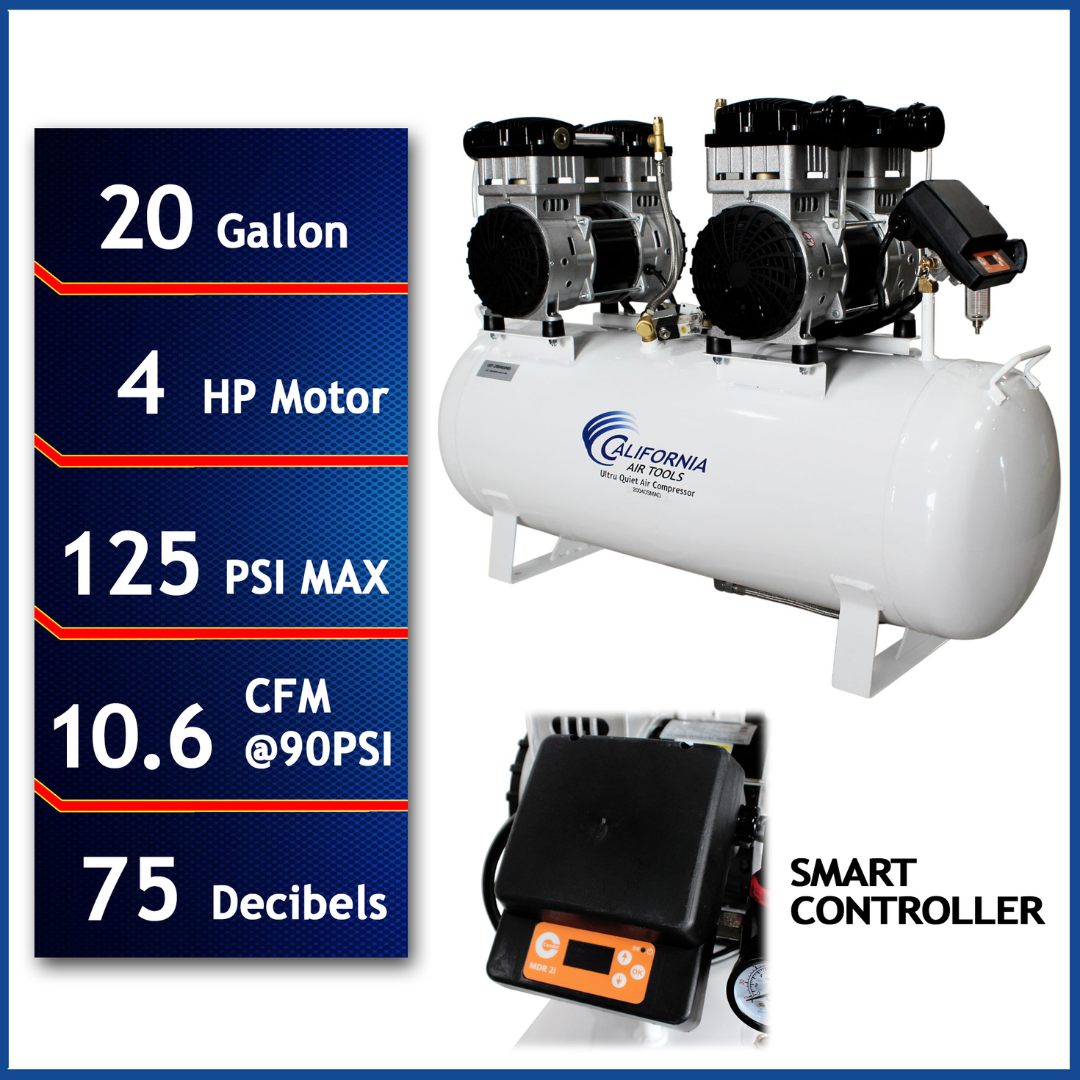 California Air Tools 20040SM Powerful 4.0 Hp SMART Ultra Quiet & Oil-Free 20 Gallon Air Compressor front view with key specifications