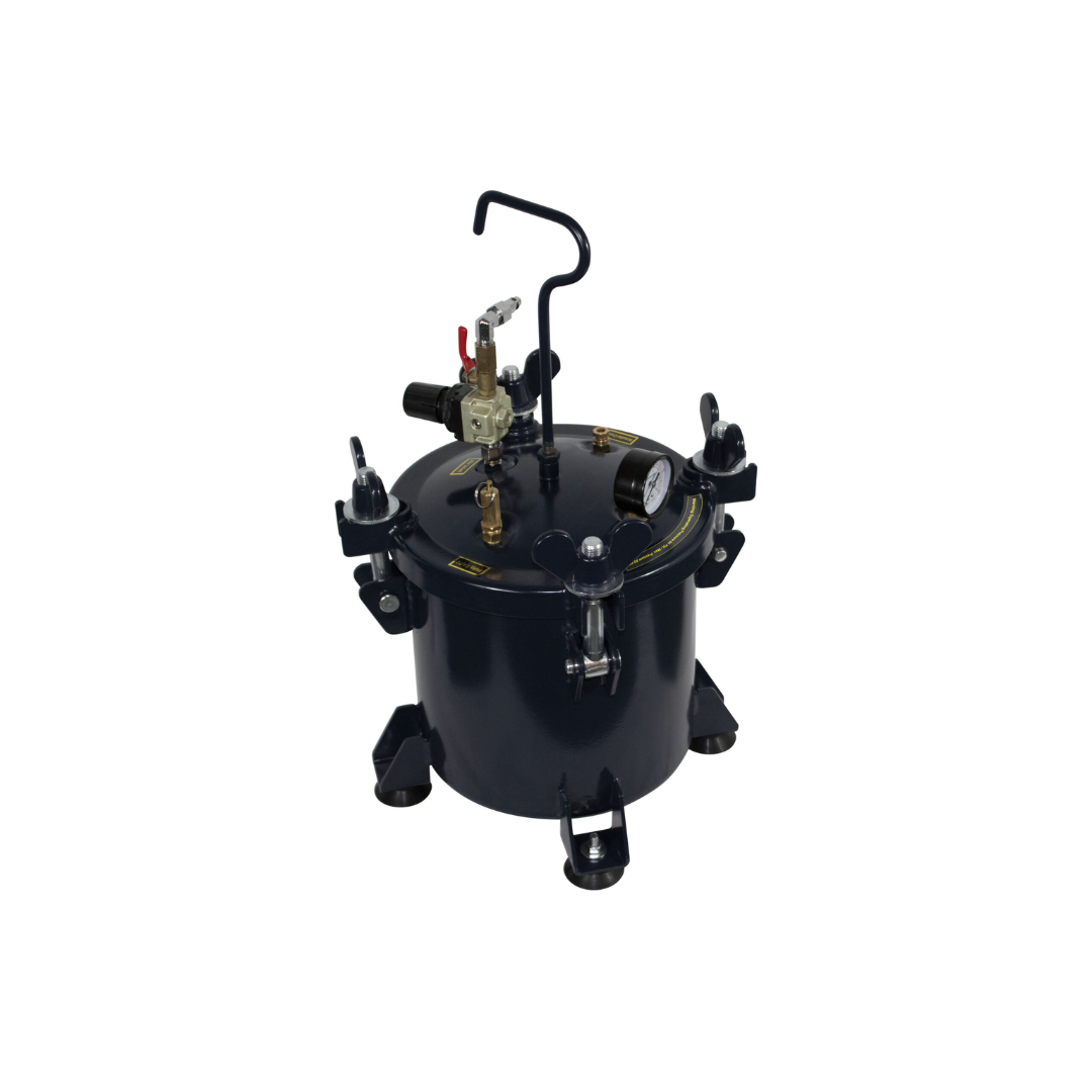California Air Tools 255C 2.5 Gallon Pressure Pot for Resin Casting front angle showing lid clamps and regulator