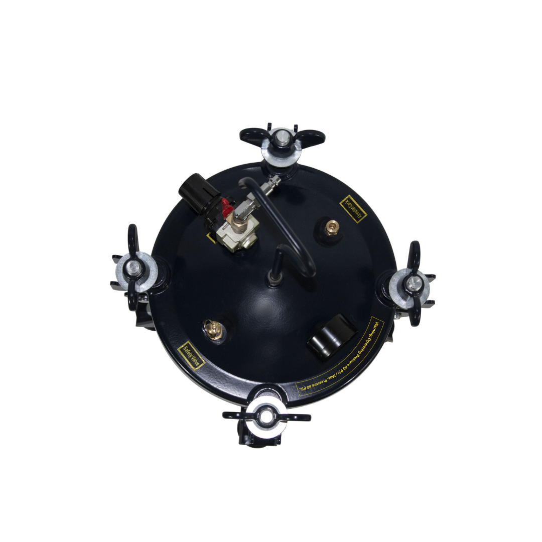 California Air Tools 255C 2.5 Gallon Pressure Pot for Resin Casting overhead lid view with secure clamp ring
