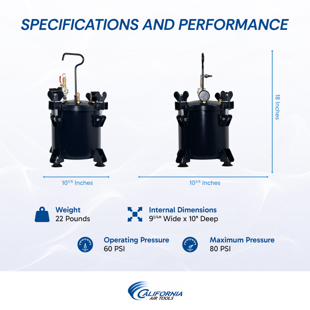 California Air Tools 255C 2.5 Gallon Pressure Pot for Resin Casting specifications and performance comparison chart