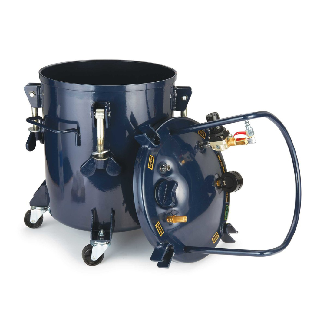 California Air Tools 365C 5 Gallon Pressure Pot for Resin Casting angled view highlighting lid clamps and regulator assembly