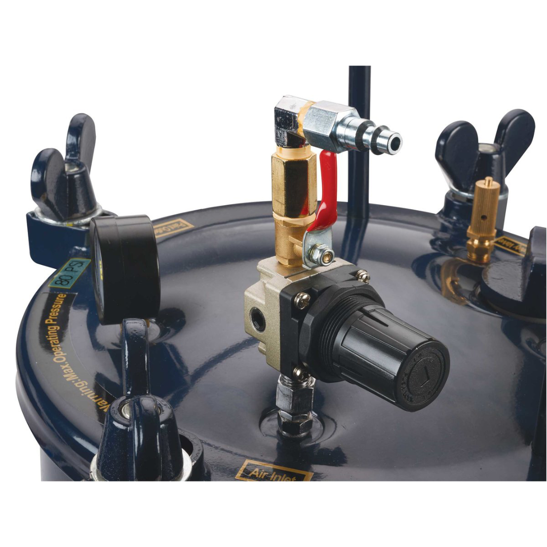 California Air Tools 365C 5 Gallon Pressure Pot for Resin Casting close-up of pressure control valves and fittings