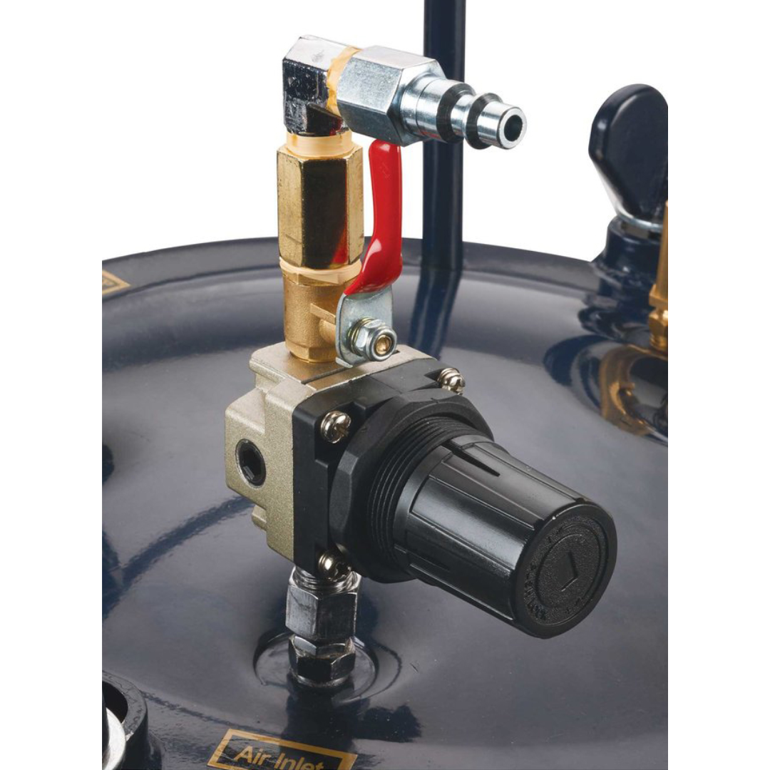 California Air Tools 365C 5 Gallon Pressure Pot for Resin Casting detailed regulator and inlet connection assembly